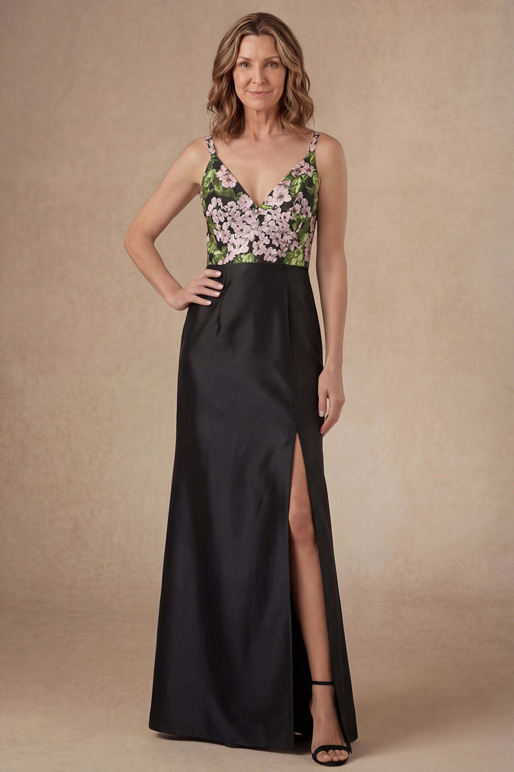 Leely Women Dark Green Floral A Line Long Mother of the Bride Dress with Slit Sleeveless Spaghetti Straps Formal Dress
