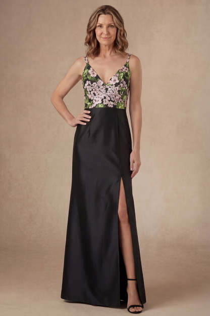 Leely Women Dark Green Floral A Line Long Mother of the Bride Dress with Slit Sleeveless Spaghetti Straps Formal Dress