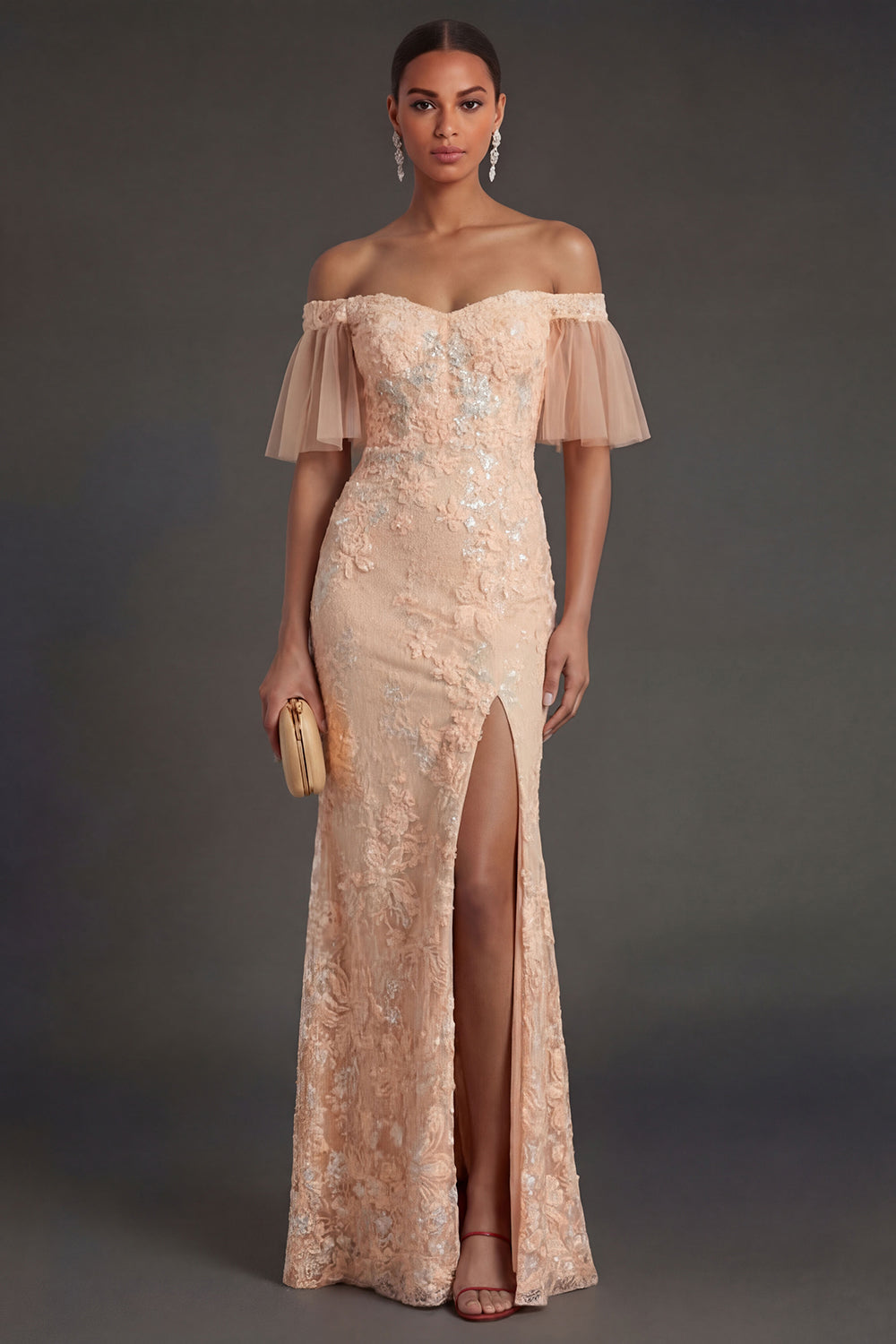 Leely Women Peach Mermaid Off the Shoulder Appliqued Long Formal Dress Backless Sleeveless Garden Party Dress