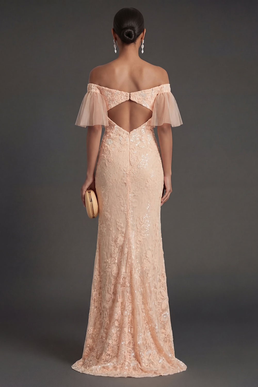 Peach Mermaid Off the Shoulder Appliqued Long Formal Dress