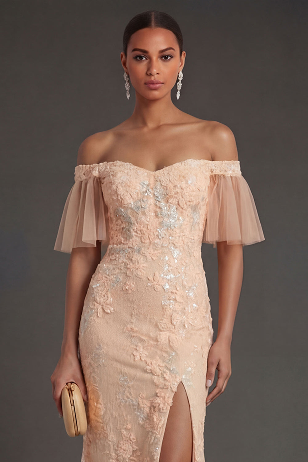 Peach Mermaid Off the Shoulder Appliqued Long Formal Dress