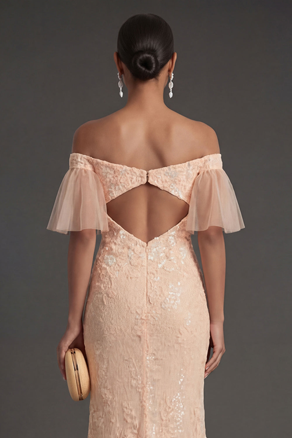 Peach Mermaid Off the Shoulder Appliqued Long Formal Dress