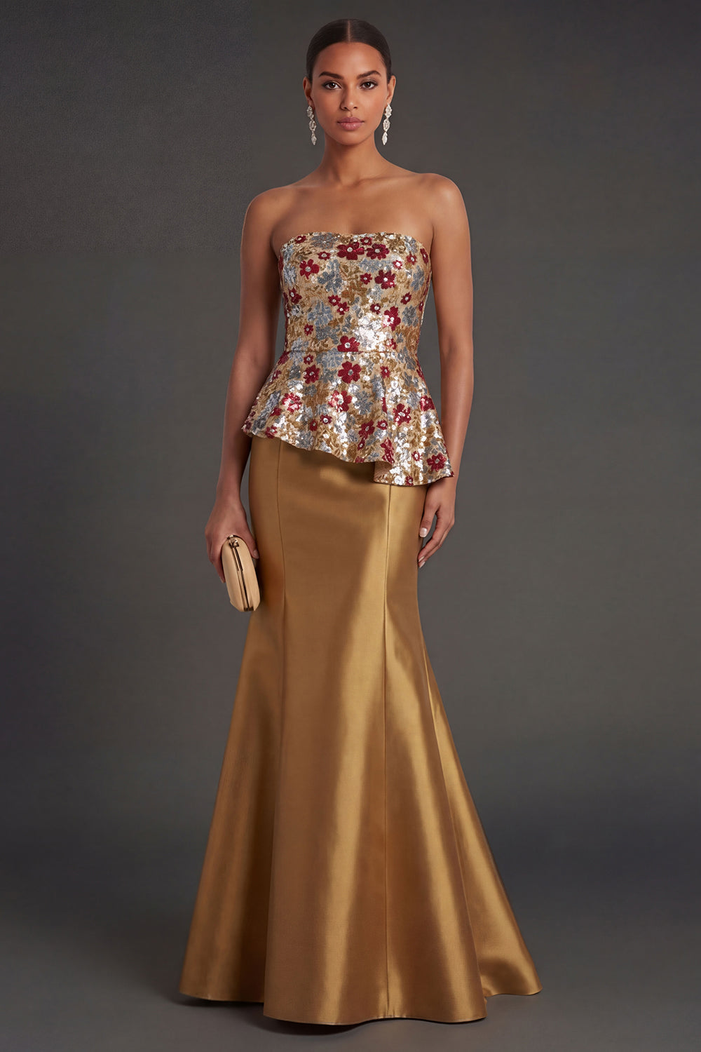 Leely Women Red Floral Mermaid Long Formal Dress Strapless Backless Sleeveless Wedding Guest Dress