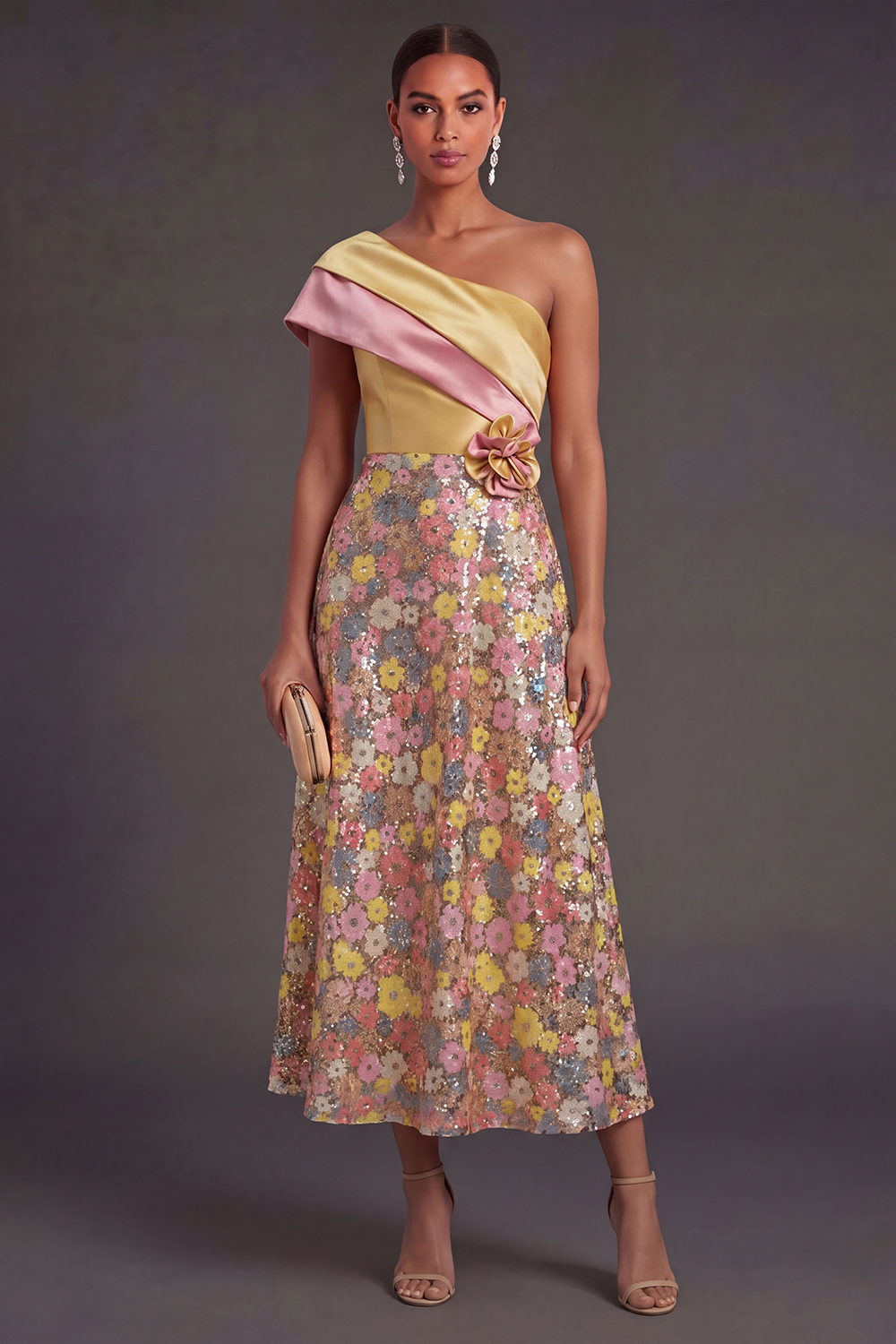 Leely Women Yellow A Line Long Wedding Guest Dress with 3D Flower One Shoulder Backless Formal Dress