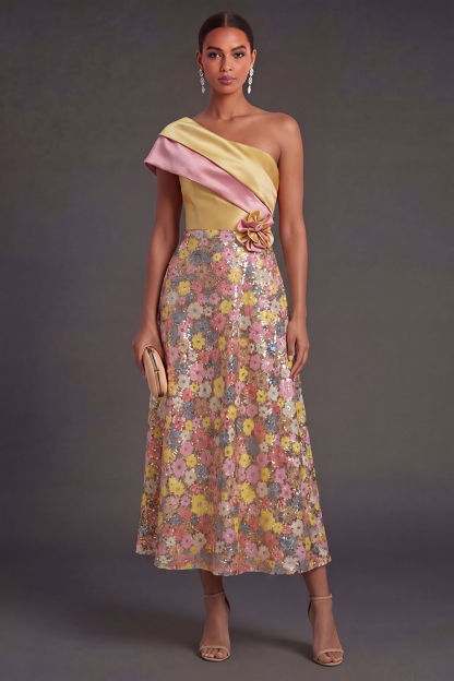 Leely Women Yellow A Line Long Wedding Guest Dress with 3D Flower One Shoulder Backless Formal Dress