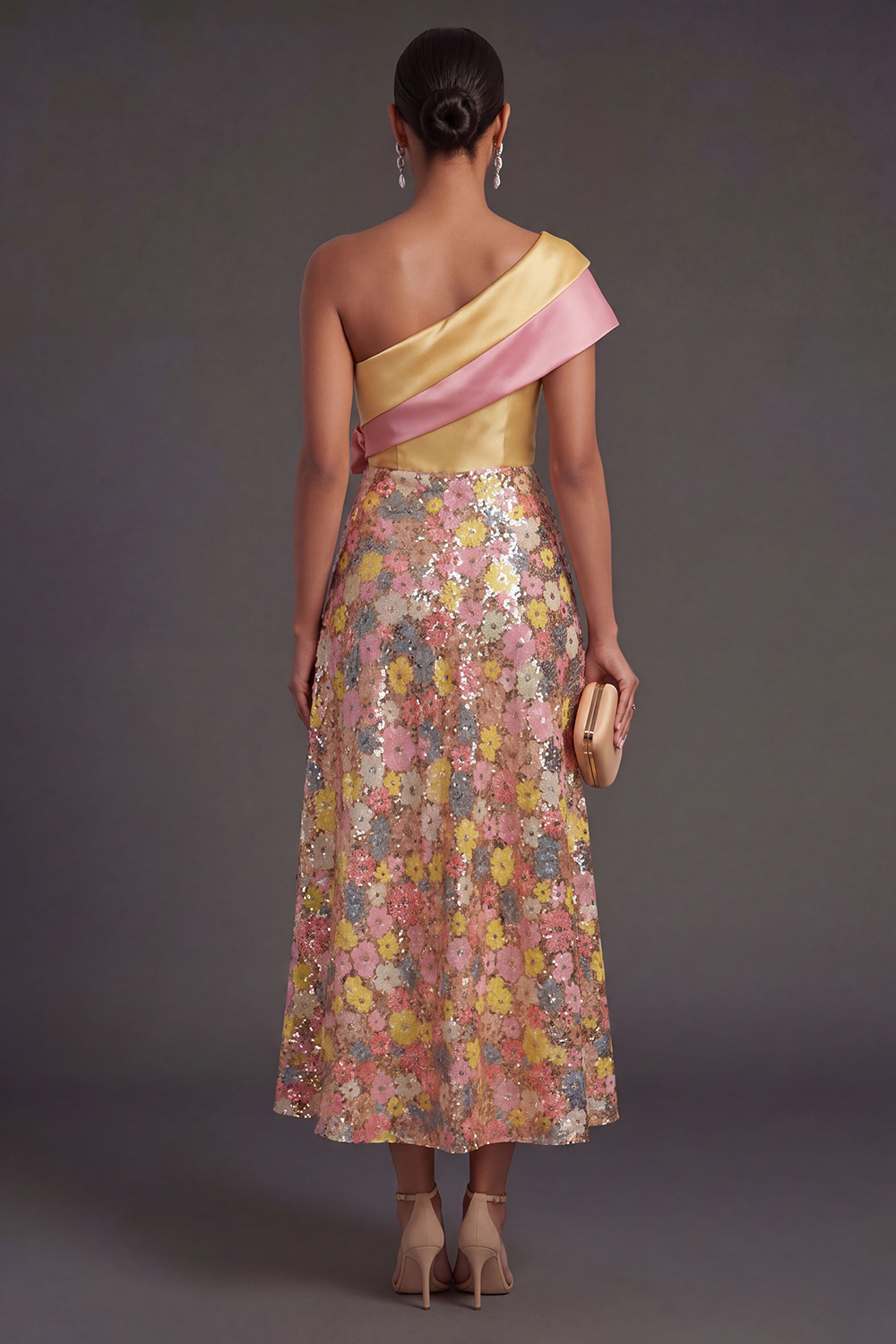 Yellow A Line One Shoulder Long Wedding Guest Dress with 3D Flower