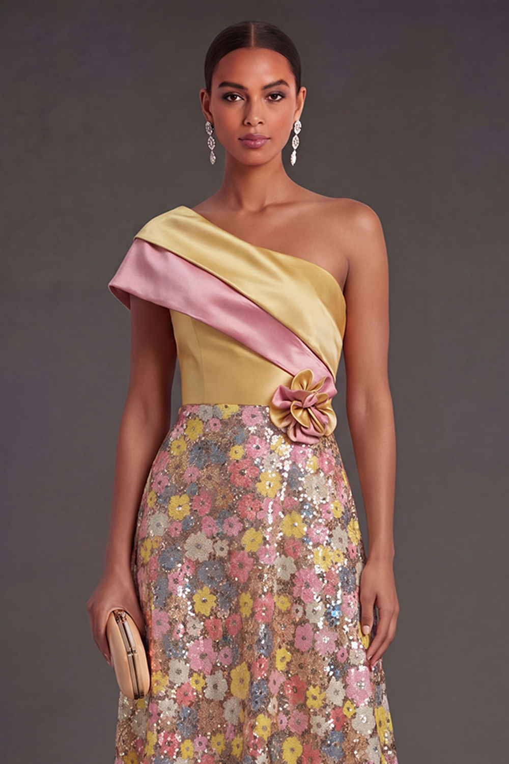 Yellow A Line One Shoulder Long Wedding Guest Dress with 3D Flower