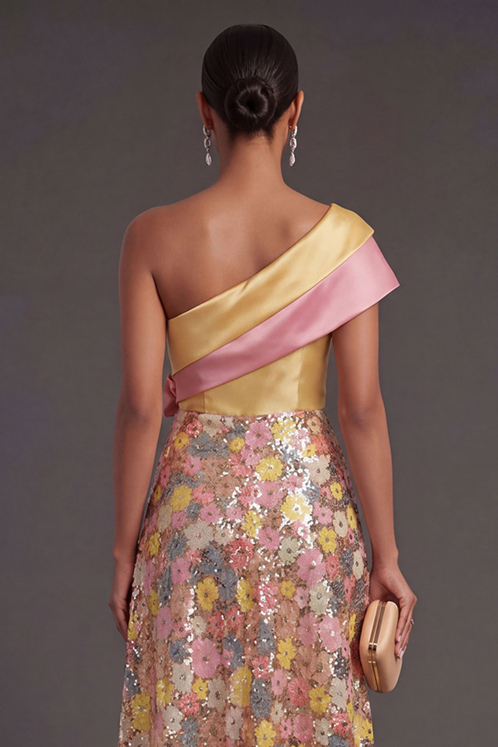 Yellow A Line One Shoulder Long Wedding Guest Dress with 3D Flower