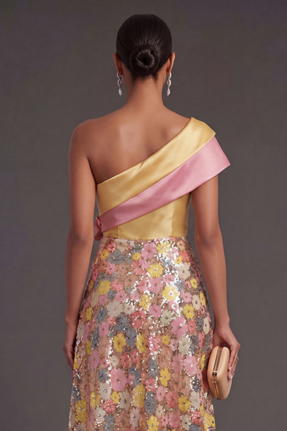 Yellow A Line One Shoulder Long Wedding Guest Dress with 3D Flower