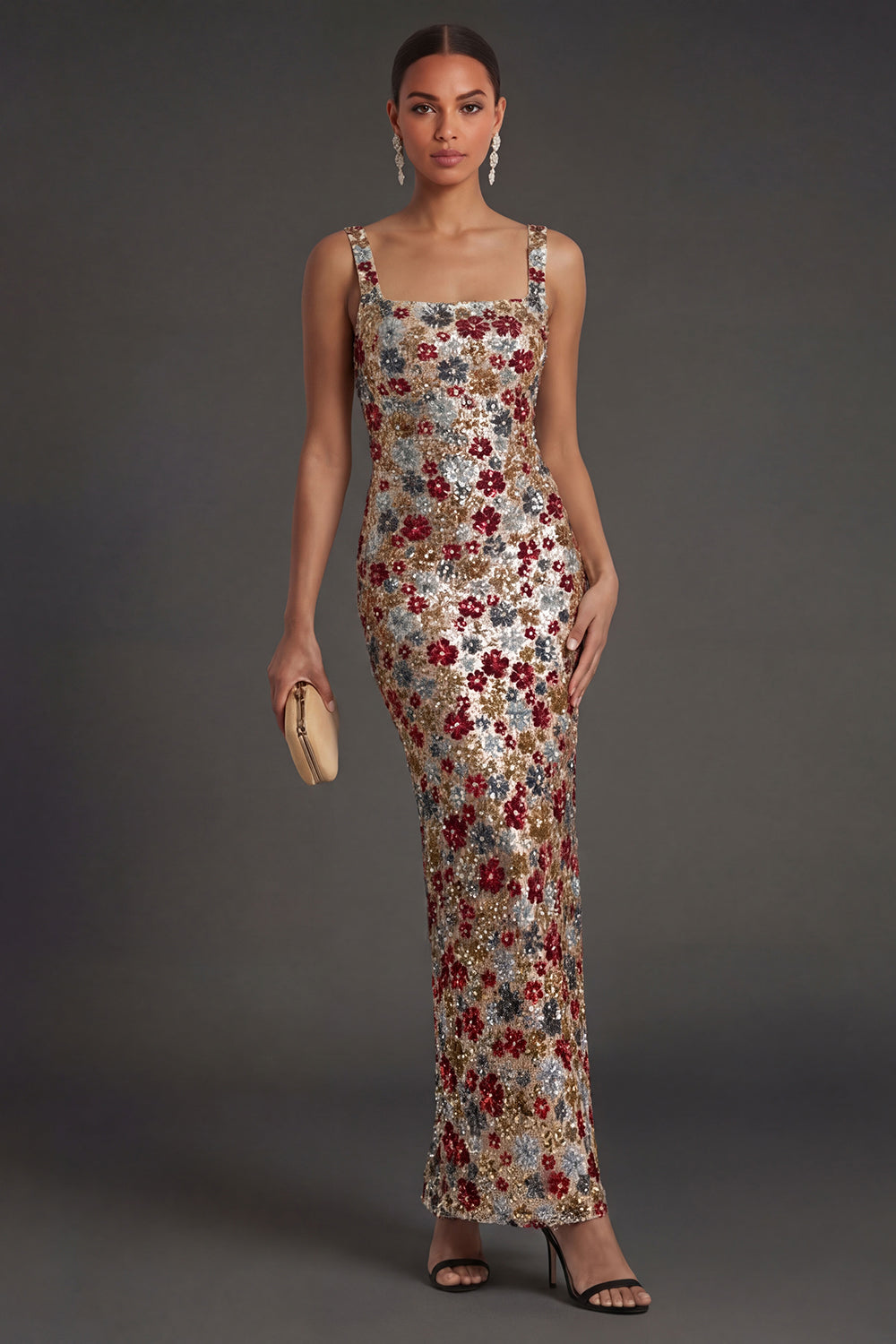 Sparkly Beaded Red Sheath Floral Long Formal Dress