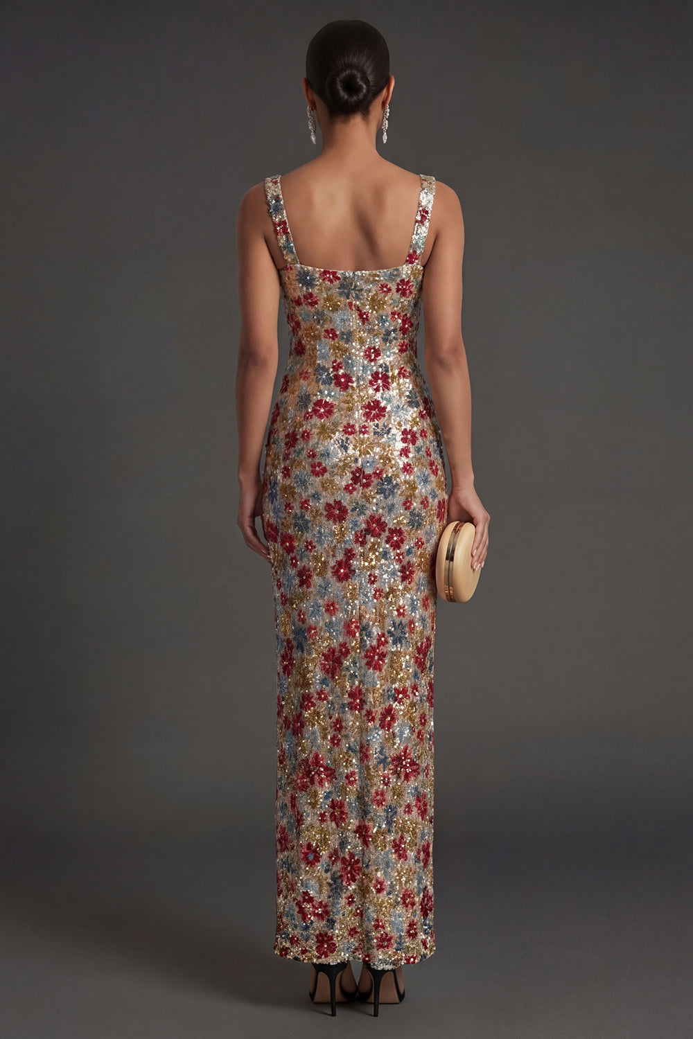 Sparkly Beaded Red Sheath Floral Long Formal Dress