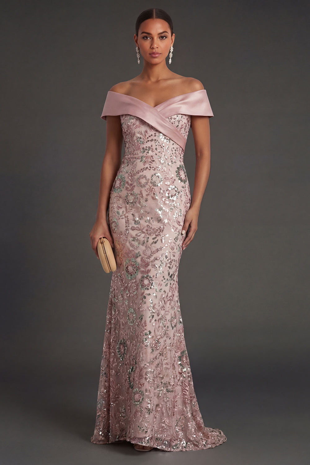 Leely Women Pink Mermaid Sparkly Sequined Long Formal Dress Backless Off the Shoulder Pageant Dress