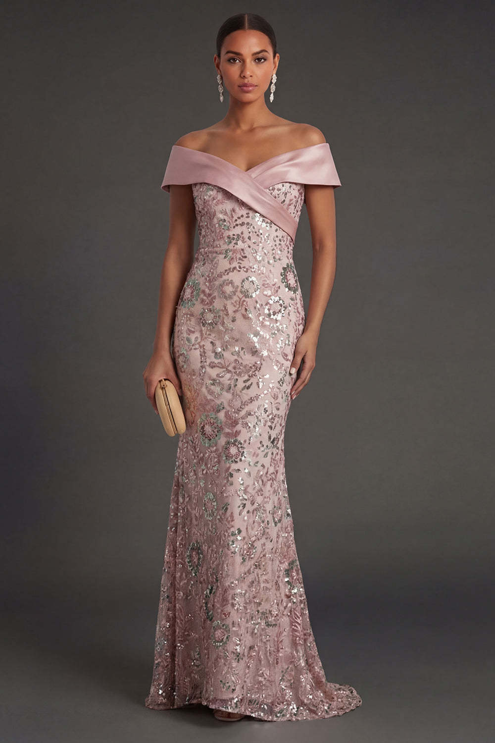 Leely Women Pink Mermaid Sparkly Sequined Long Formal Dress Backless Off the Shoulder Pageant Dress