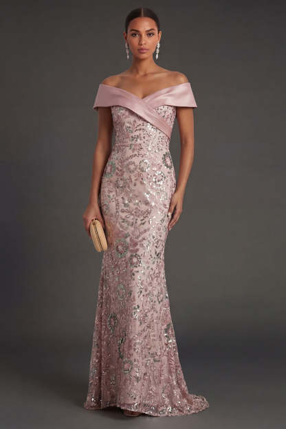Leely Women Pink Mermaid Sparkly Sequined Long Formal Dress Backless Off the Shoulder Pageant Dress