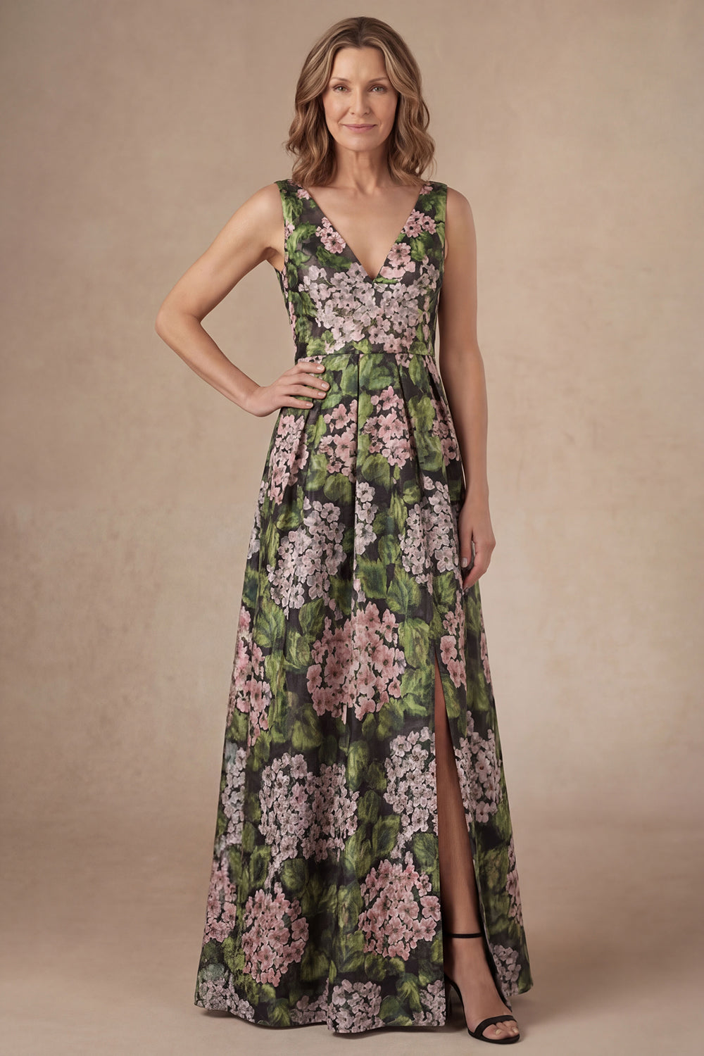 A Line Dark Green Floral Long Mother of the Bride Dress with Slit