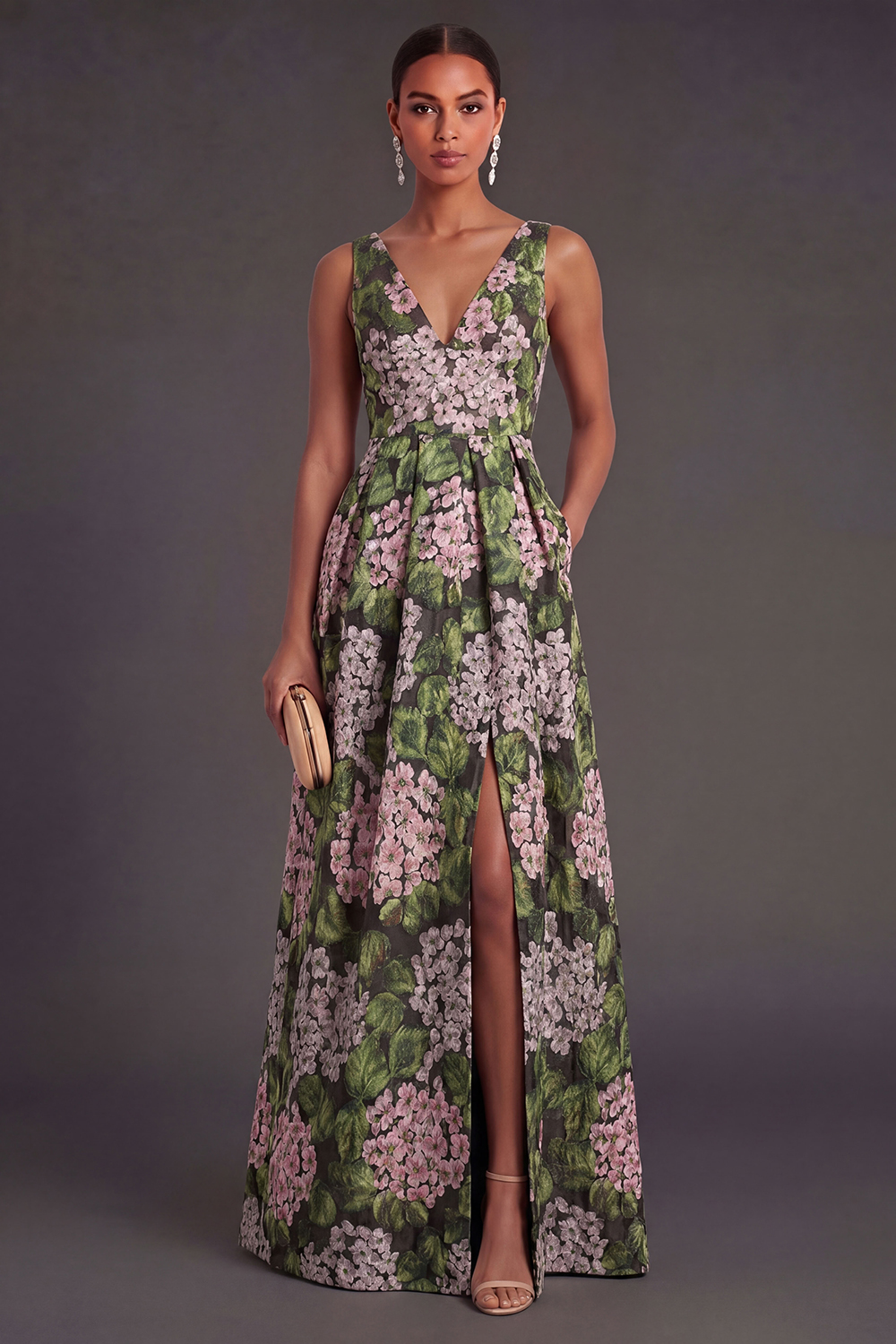 A Line Dark Green Floral Long Wedding Guest Dress with Slit