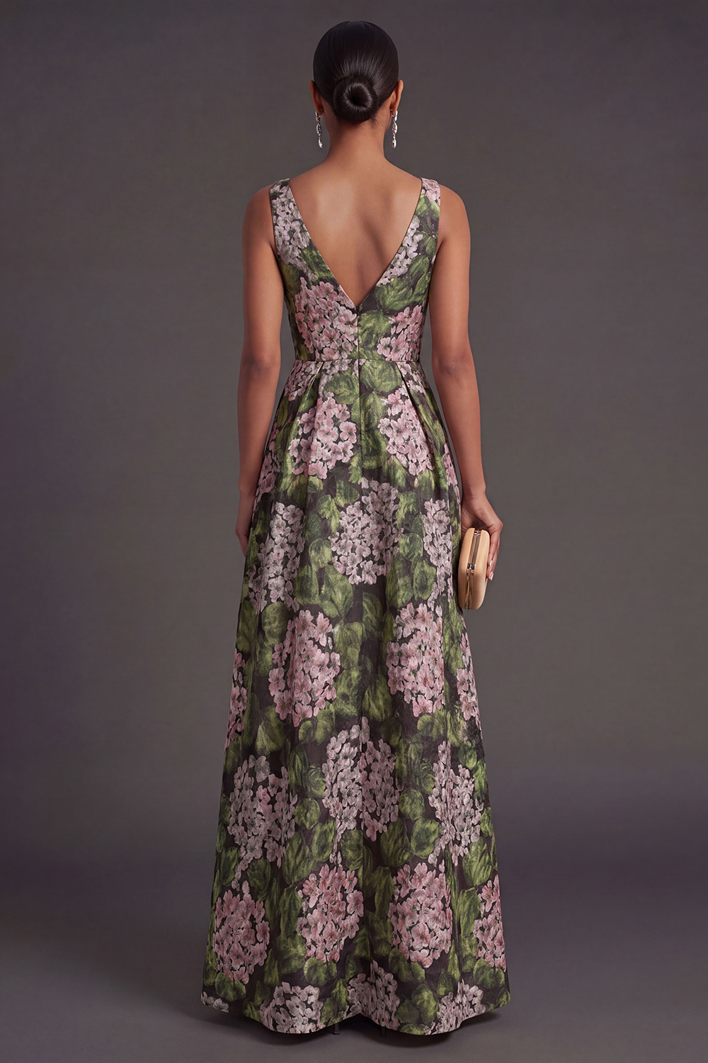 A Line Dark Green Floral Long Wedding Guest Dress with Slit