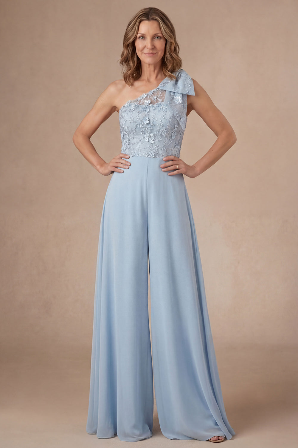 Appliqued Sky Blue Floral One Shoulder Mother of the Bride Jumpsuit