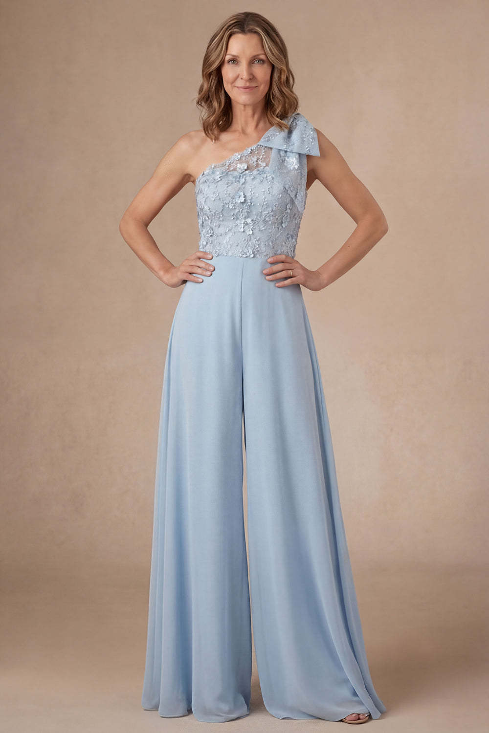 Leely Women Appliqued Sky Blue Floral One Shoulder Mother of the Bride Jumpsuit Backless Appliqued Sleeveless Wedding Guest Jumpsuit