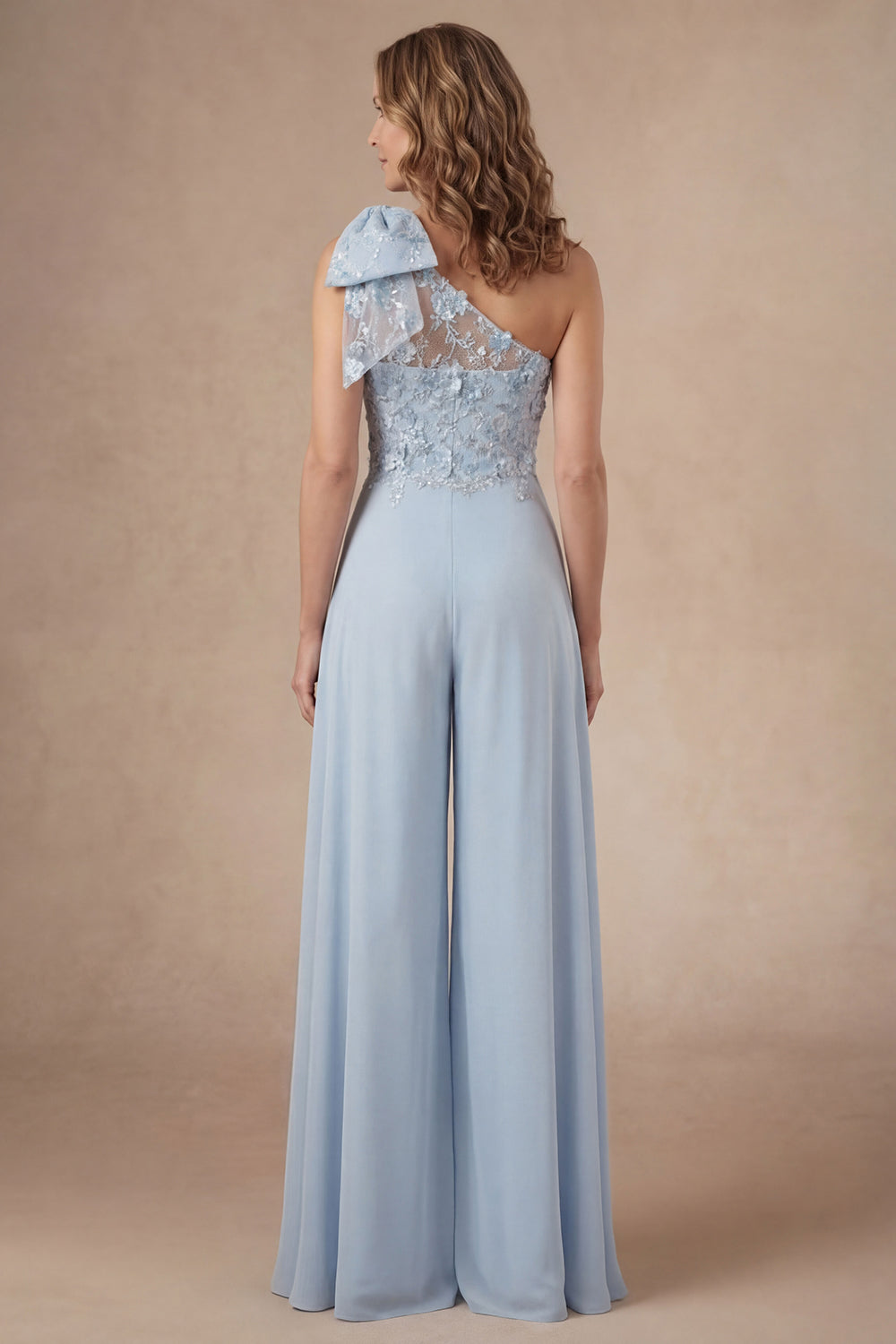 Appliqued Sky Blue Floral One Shoulder Mother of the Bride Jumpsuit