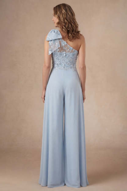 Appliqued Sky Blue Floral One Shoulder Mother of the Bride Jumpsuit