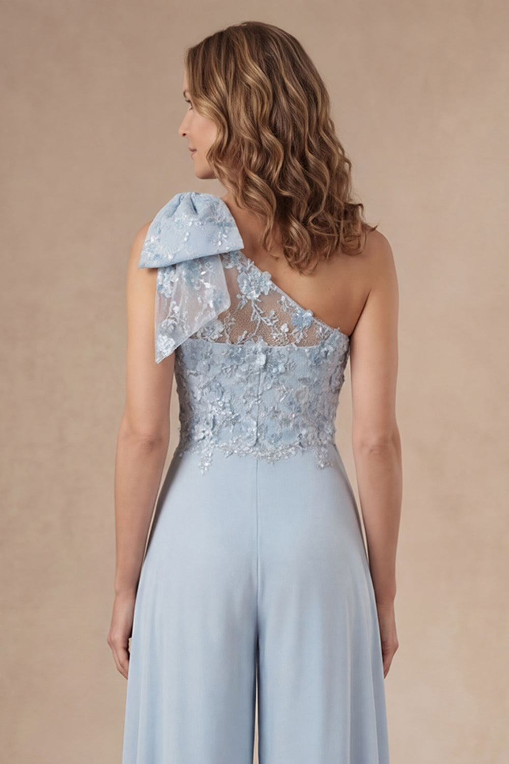 Appliqued Sky Blue Floral One Shoulder Mother of the Bride Jumpsuit