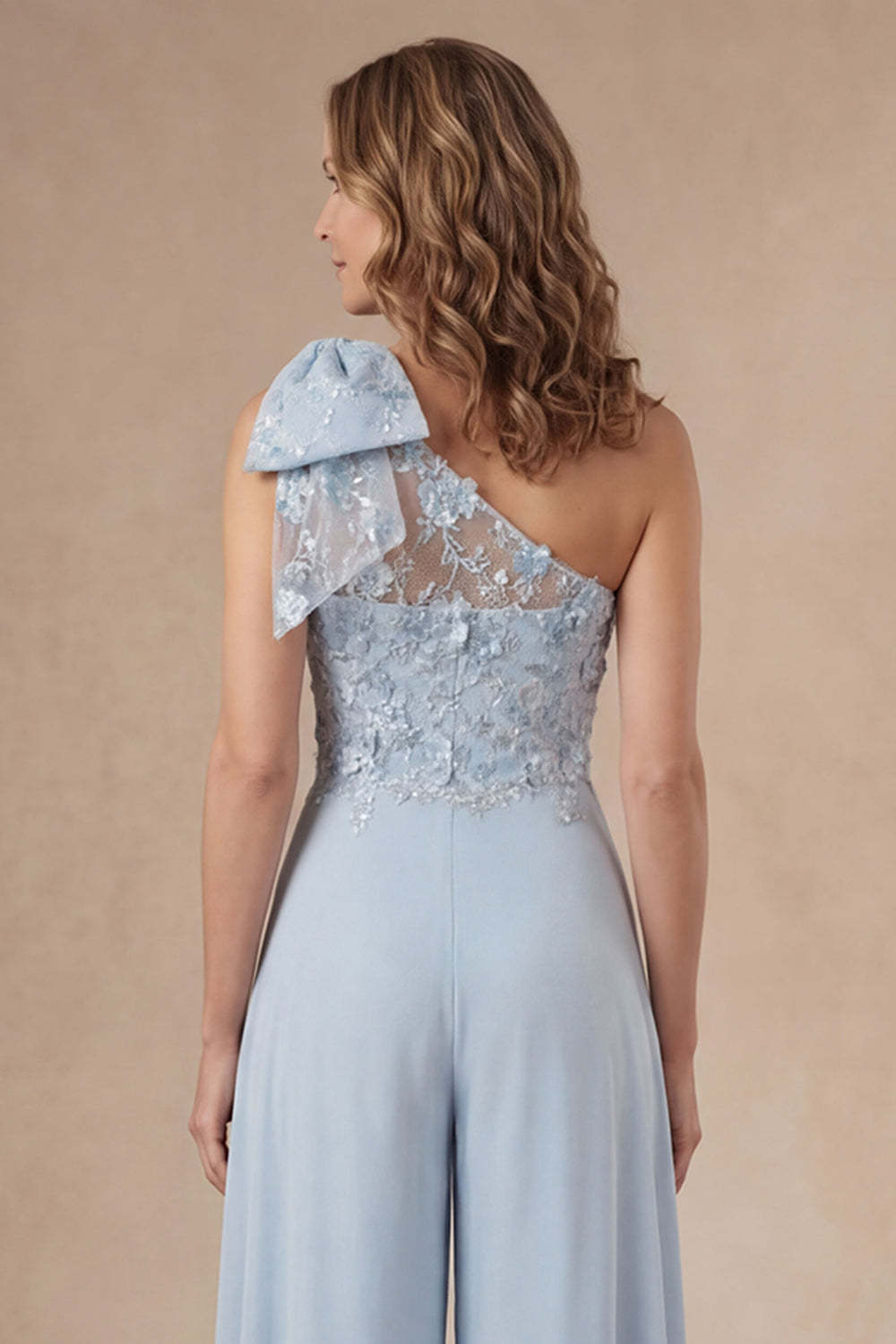 Appliqued Sky Blue Floral One Shoulder Mother of the Bride Jumpsuit