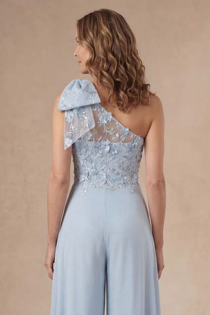 Appliqued Sky Blue Floral One Shoulder Mother of the Bride Jumpsuit