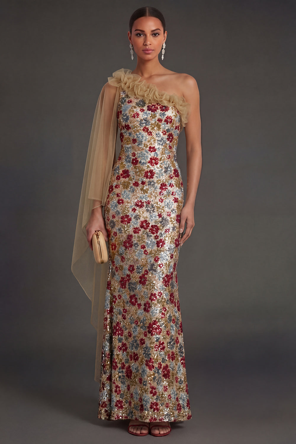 Red Floral Mermaid One Shoulder Long Formal Dress with 3D Flower