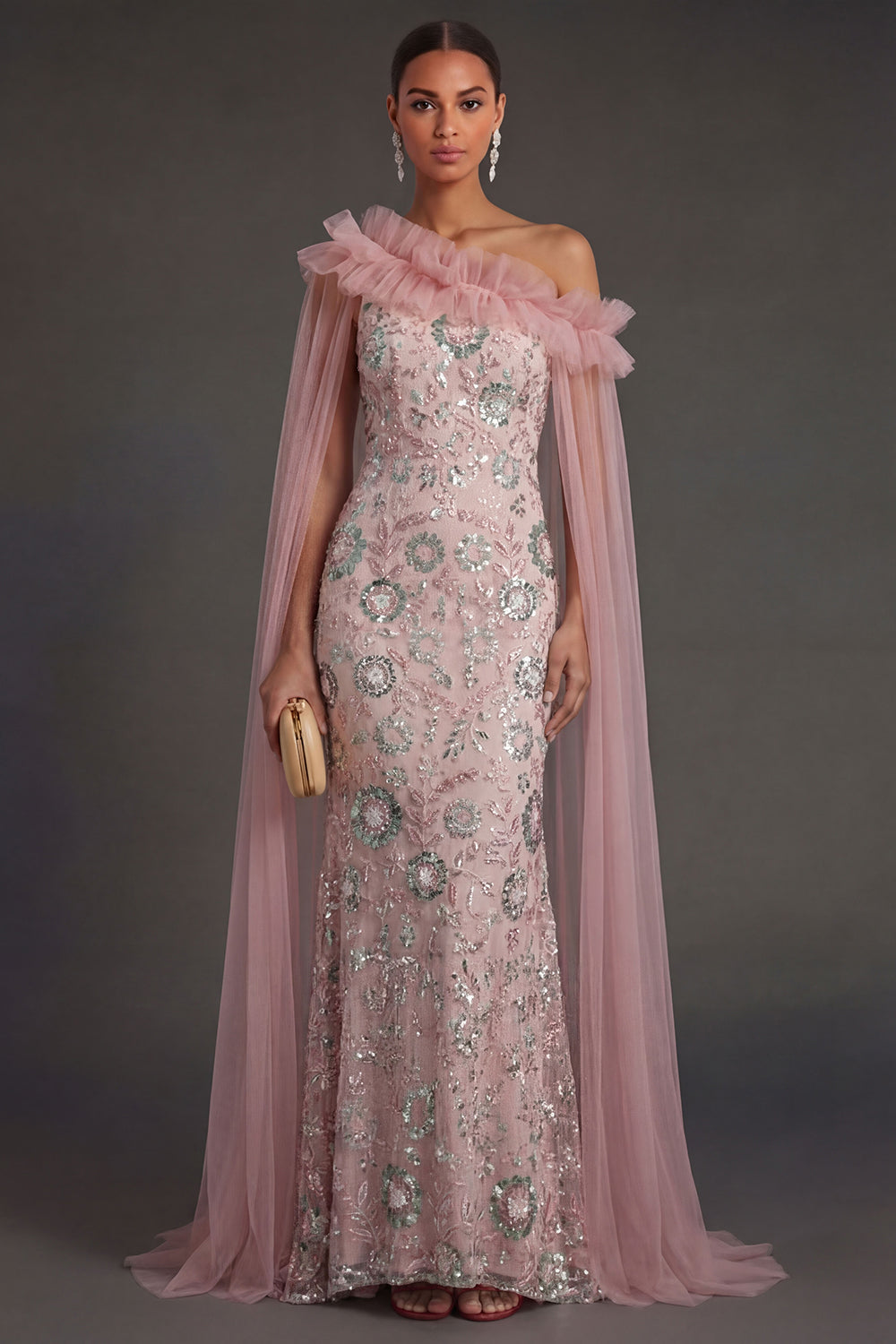 Leely Women Pink Mermaid One Shoulder Long Formal Dress with Cape Backless Sparkly Sleeveless Wedding Guest Dress