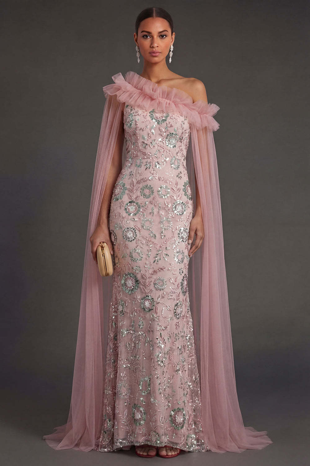 Leely Women Pink Mermaid One Shoulder Long Formal Dress with Cape Backless Sparkly Sleeveless Wedding Guest Dress