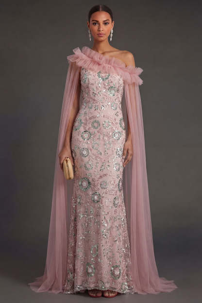 Leely Women Pink Mermaid One Shoulder Long Formal Dress with Cape Backless Sparkly Sleeveless Wedding Guest Dress