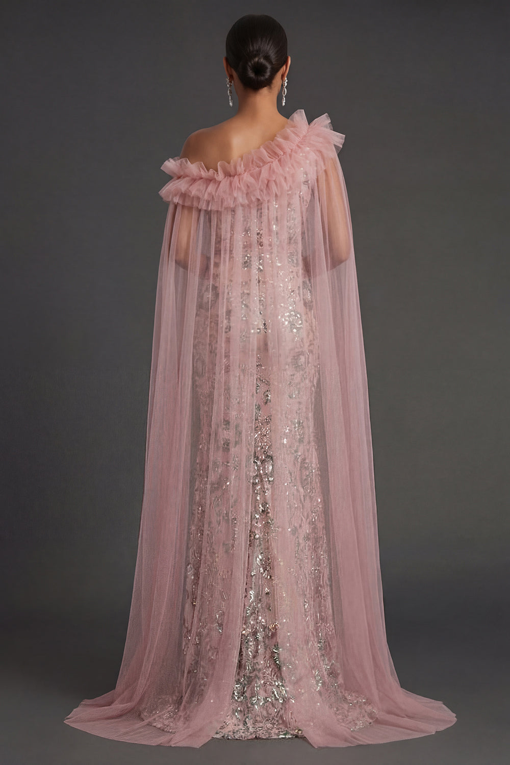 Pink Mermaid One Shoulder Long Formal Dress with Cape