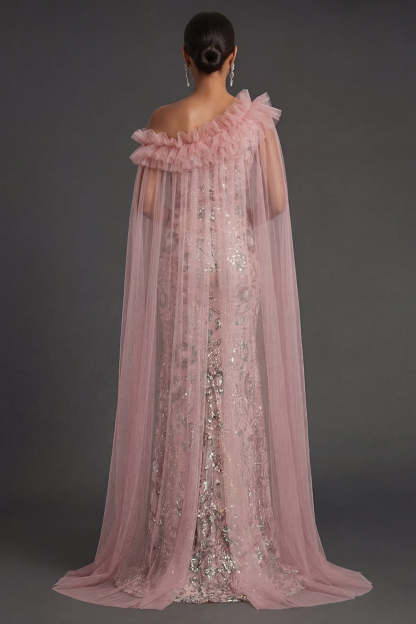 Pink Mermaid One Shoulder Long Formal Dress with Cape