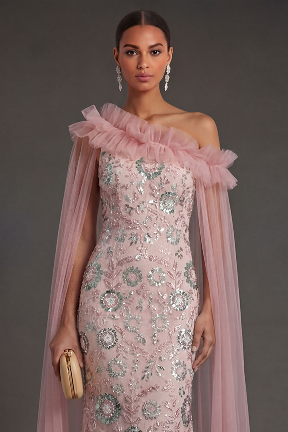 Pink Mermaid One Shoulder Long Formal Dress with Cape