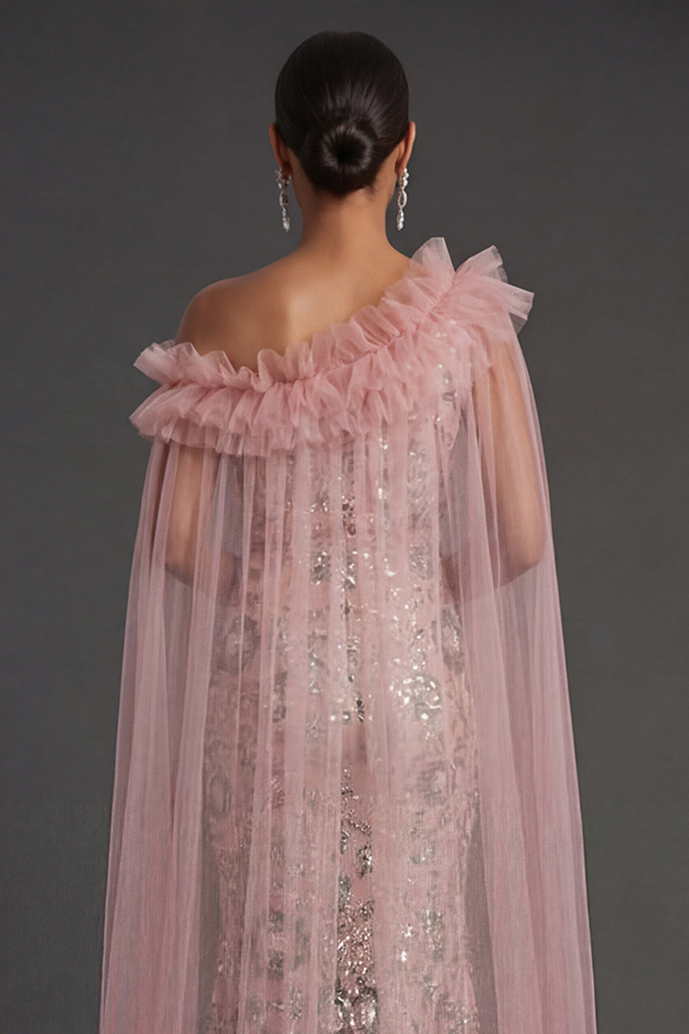 Pink Mermaid One Shoulder Long Formal Dress with Cape