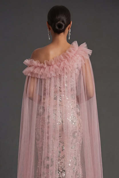 Pink Mermaid One Shoulder Long Formal Dress with Cape