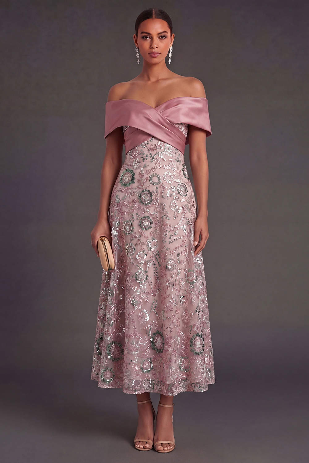 Leely Women Pink Sparkly Sequined Long Wedding Guest Dress A Line Backless Sleeveless Formal Dress