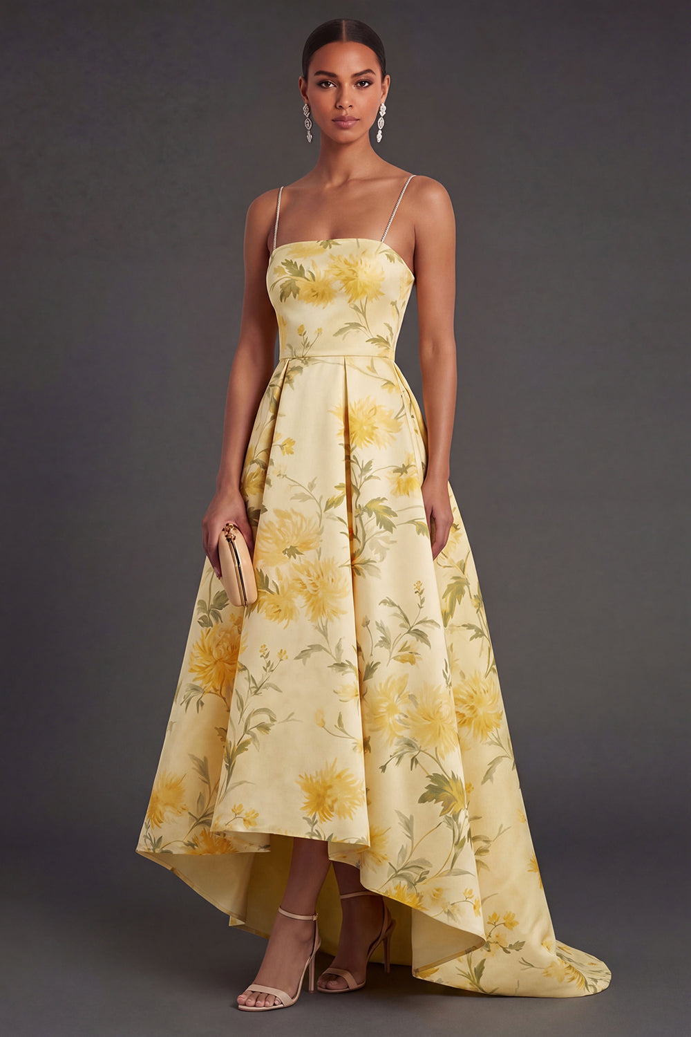 Leely Women Yellow Floral A Line Spaghetti Straps High Low Wedding Guest Dress Backless Sleeveless Garden Party Dress