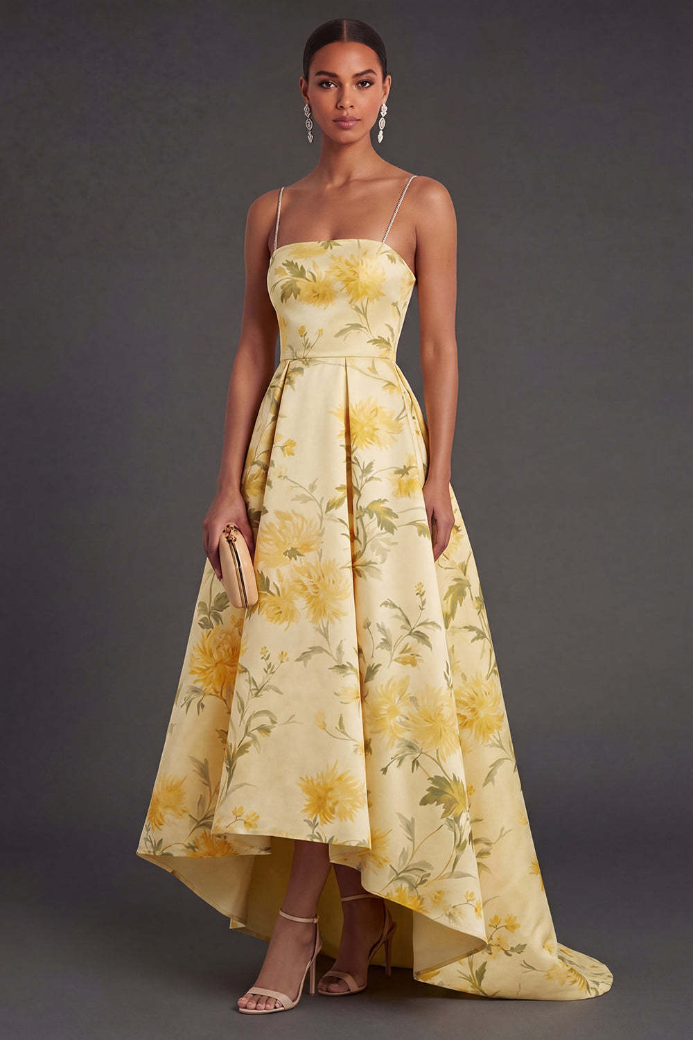 Leely Women Yellow Floral A Line Spaghetti Straps High Low Wedding Guest Dress Backless Sleeveless Garden Party Dress