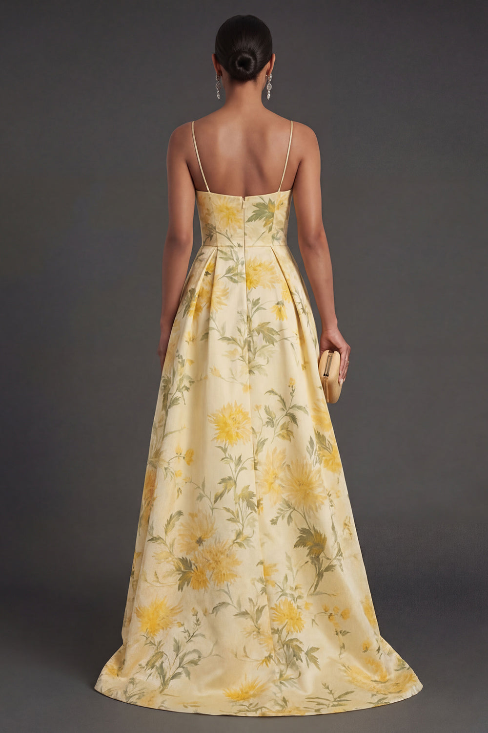 Yellow Floral A Line Spaghetti Straps High Low Wedding Guest Dress