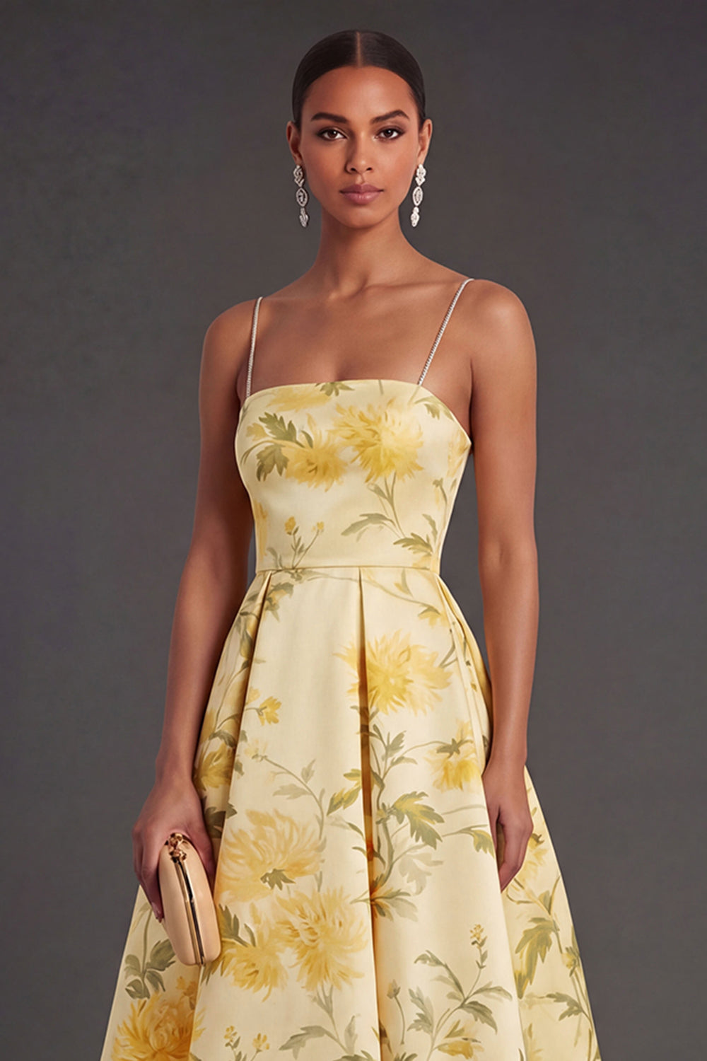 Yellow Floral A Line Spaghetti Straps High Low Wedding Guest Dress