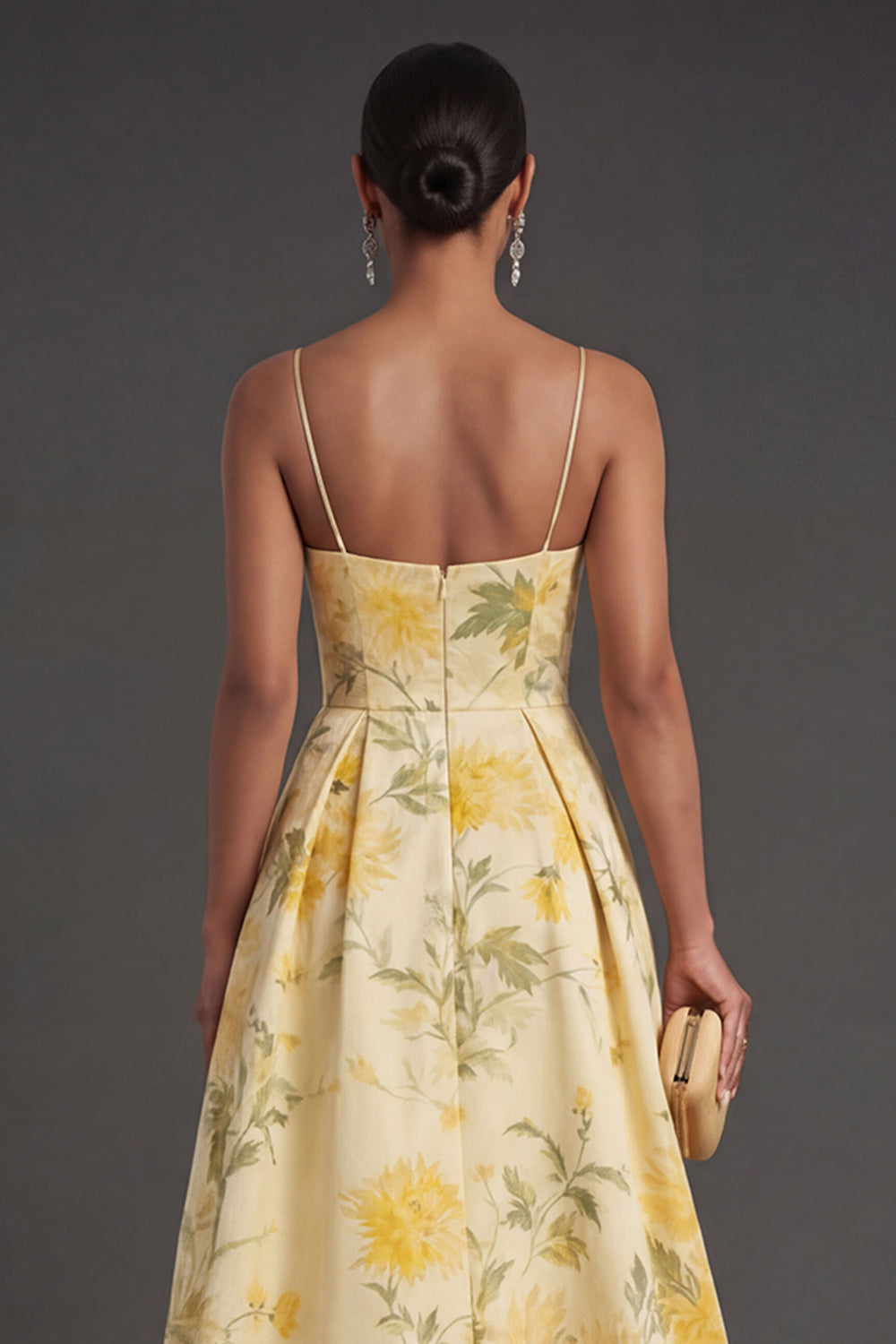 Yellow Floral A Line Spaghetti Straps High Low Wedding Guest Dress