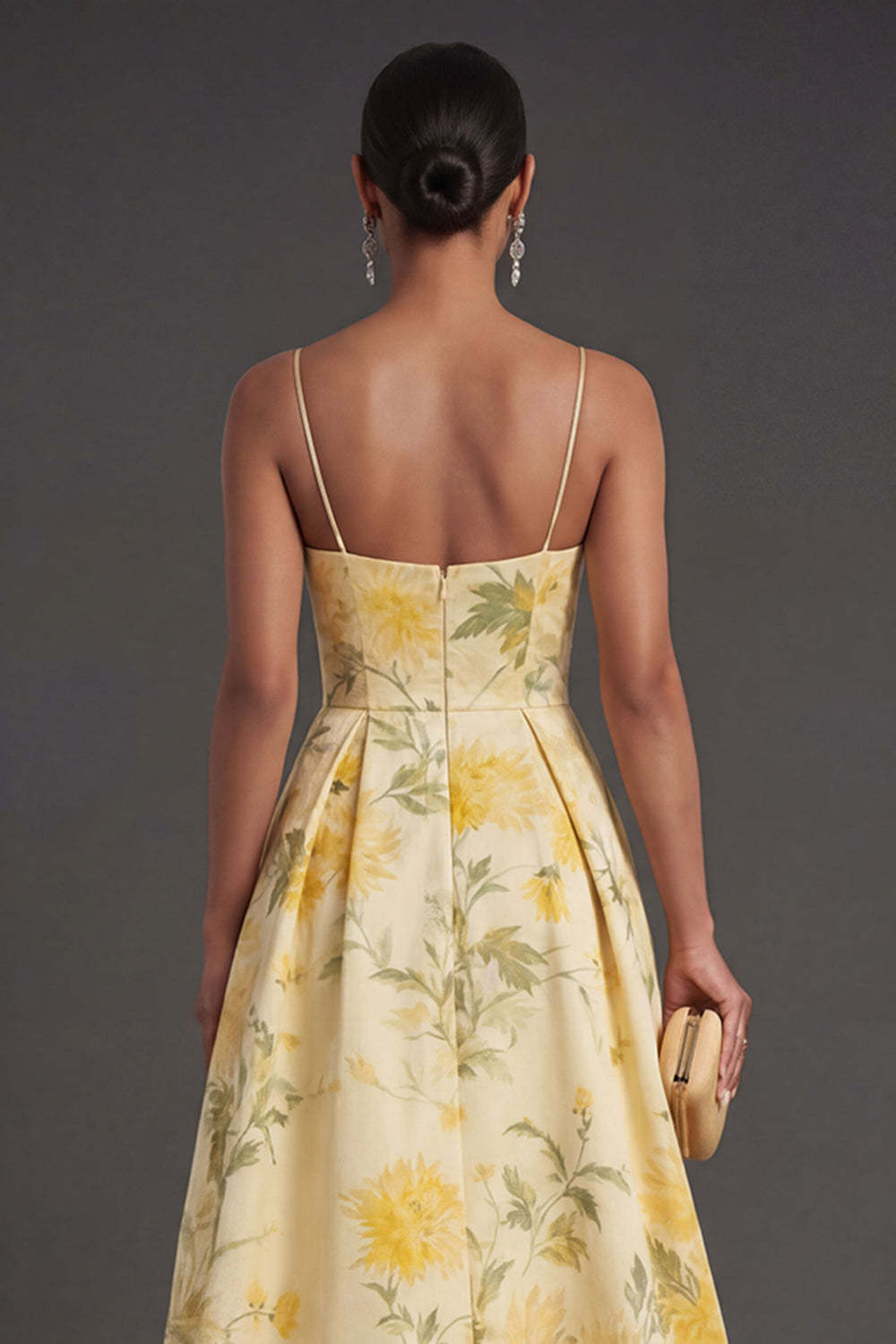 Yellow Floral A Line Spaghetti Straps High Low Wedding Guest Dress