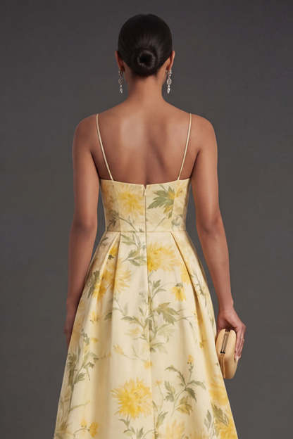 Yellow Floral A Line Spaghetti Straps High Low Wedding Guest Dress