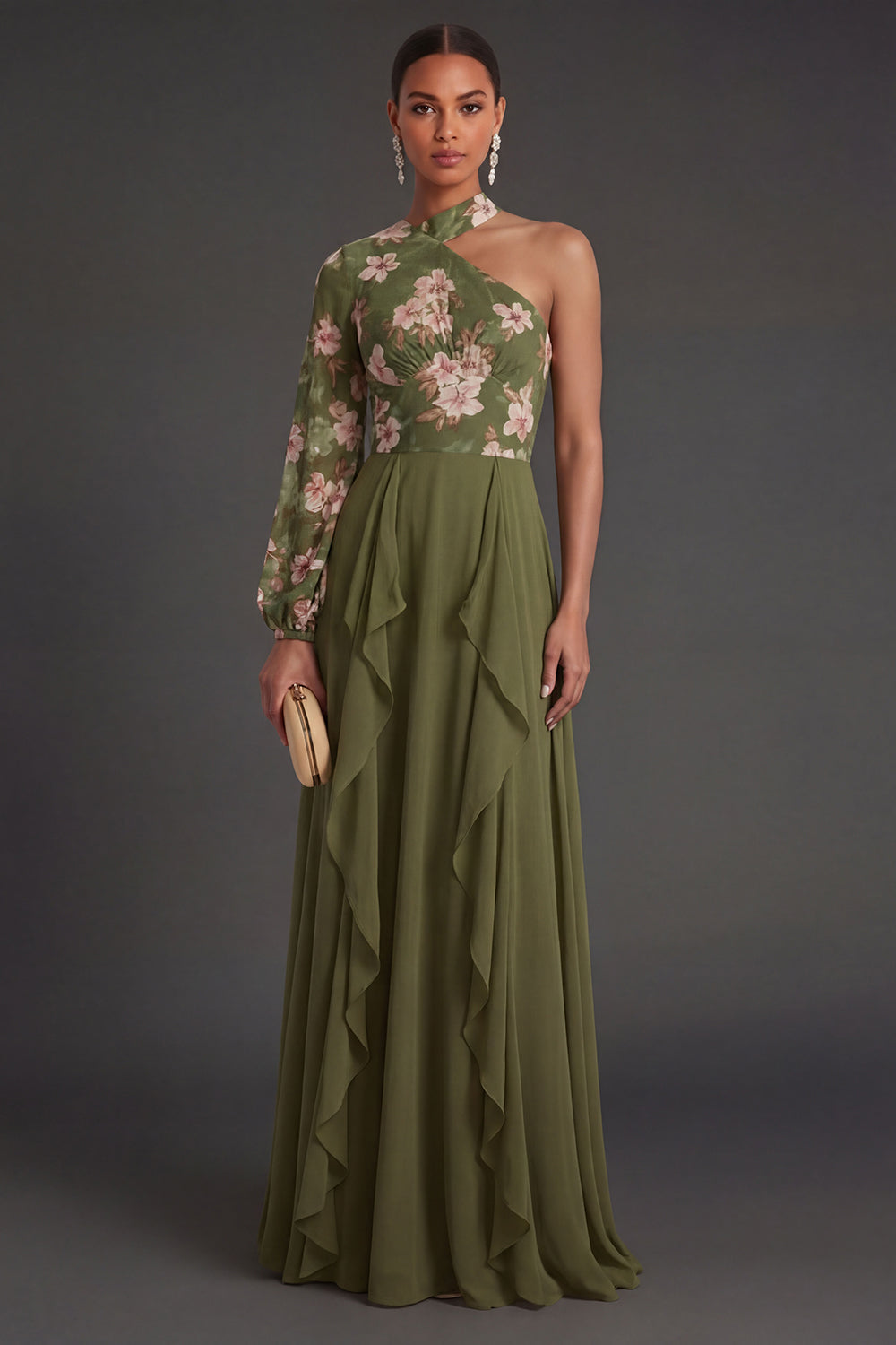 Leely Women Eucalyptus A Line Ruffled Long Wedding Guest Dress Backless Sleeveless Garden Party Dress