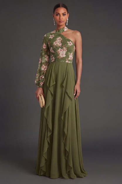 Leely Women Eucalyptus A Line Ruffled Long Wedding Guest Dress Backless Sleeveless Garden Party Dress