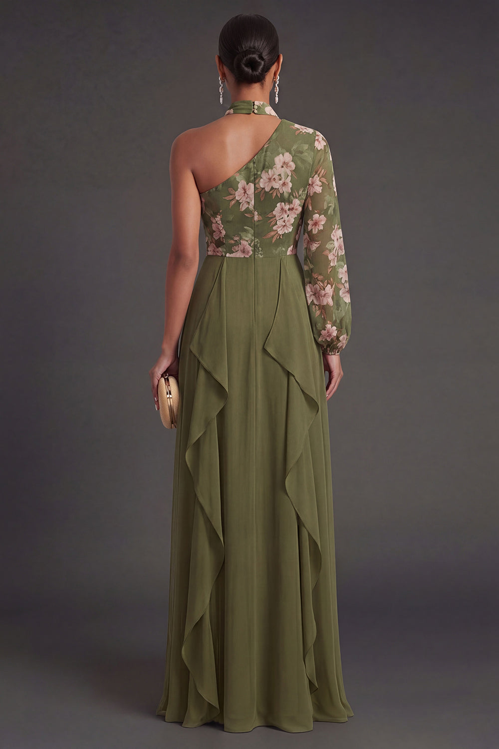 Eucalyptus A Line Ruffled Long Wedding Guest Dress