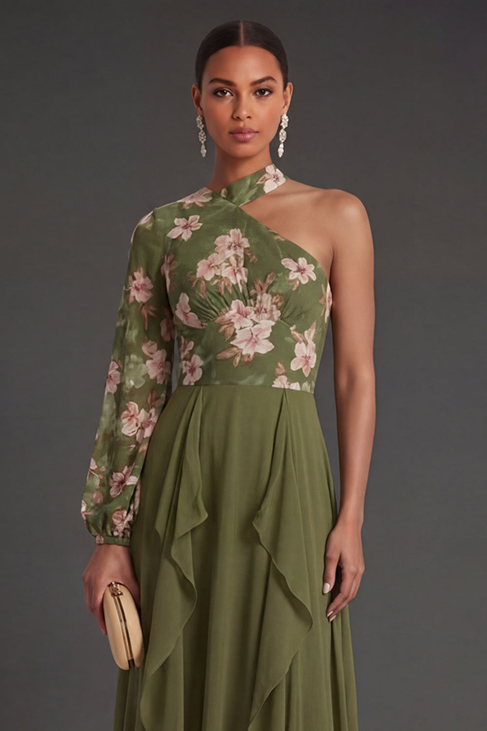 Eucalyptus A Line Ruffled Long Wedding Guest Dress