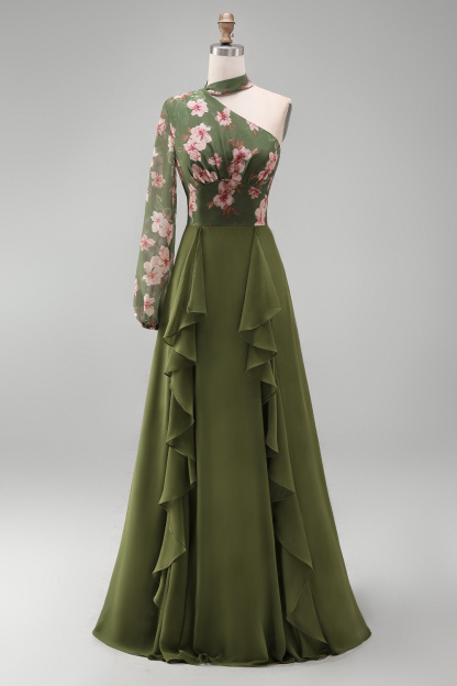 Eucalyptus A Line Ruffled Long Wedding Guest Dress